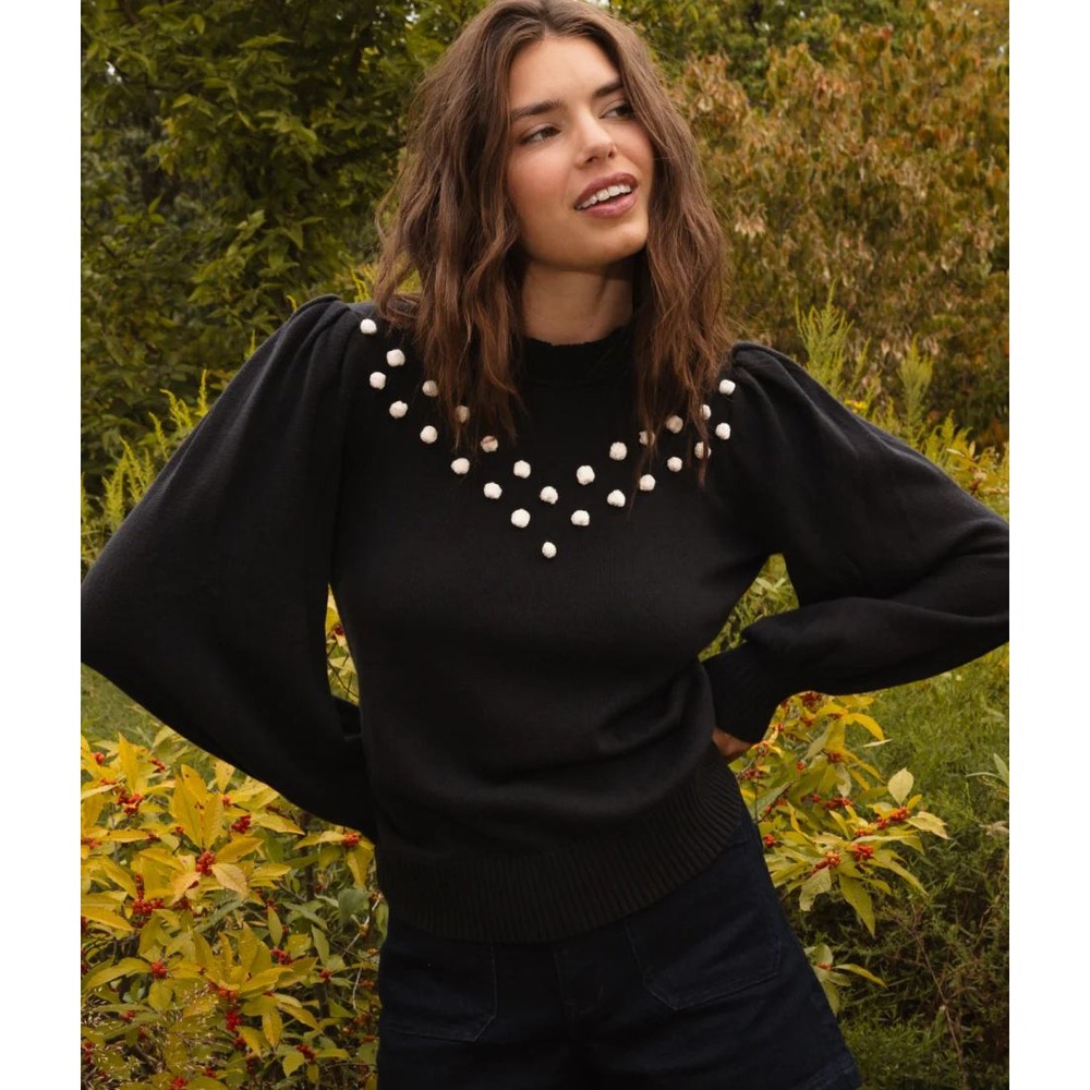 Summersalt The Year-Round Balloon Sleeve Pompom Sweater Black Small New With Tag